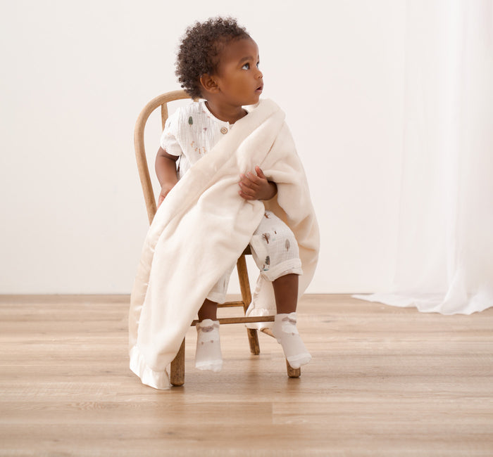 Cream Satin Trim Flannel Fleece Baby Stroller Blanket