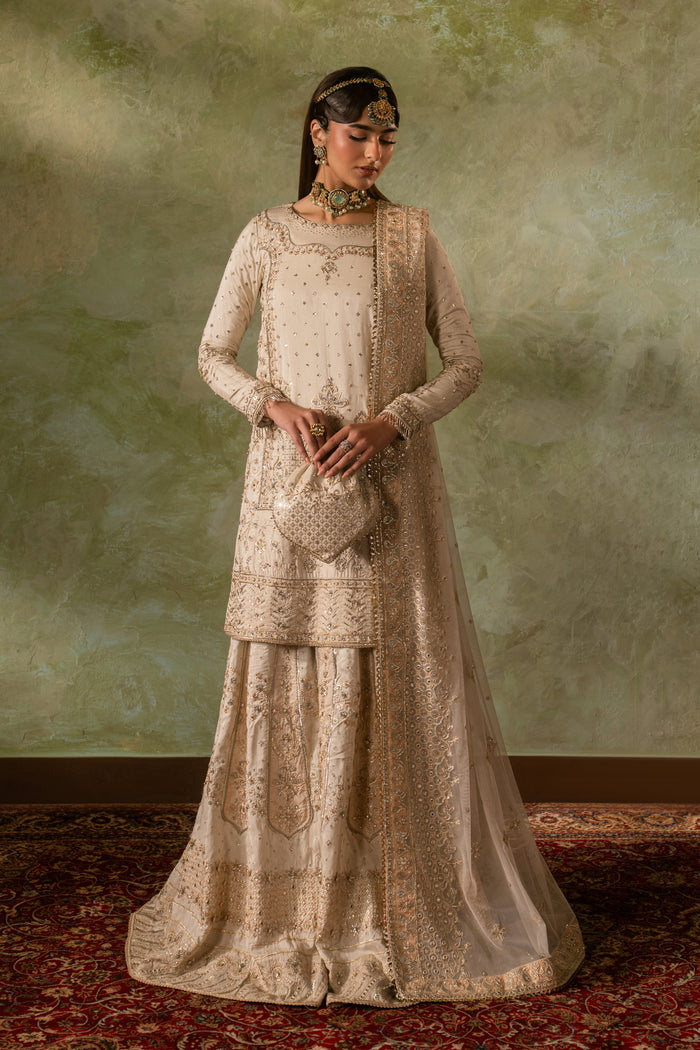Damiya off white Nikkah bridal outfit by NAQSHI, full front view with Indian silk embroidered shirt, flared sharara, net dupatta and matching pouch, ready to wear 4-piece formal wedding dress.