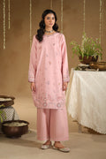 Dana 3 piece ready to wear Eid outfit in soft pink Pima lawn embroidered shirt with cambric culotte trousers and printed cotton net dupatta – full front look