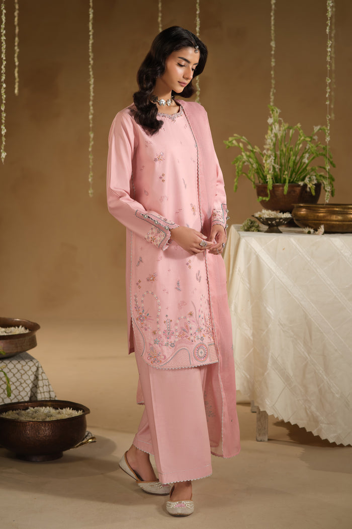 Full length standing view of Dana ready to wear outfit highlighting balanced shirt length and light dupatta styling