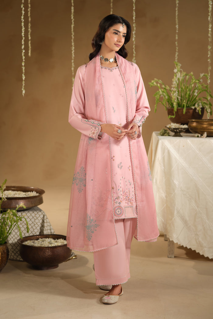 Front angle look of Dana Eid outfit with neat neckline embroidery and soft festive appearance