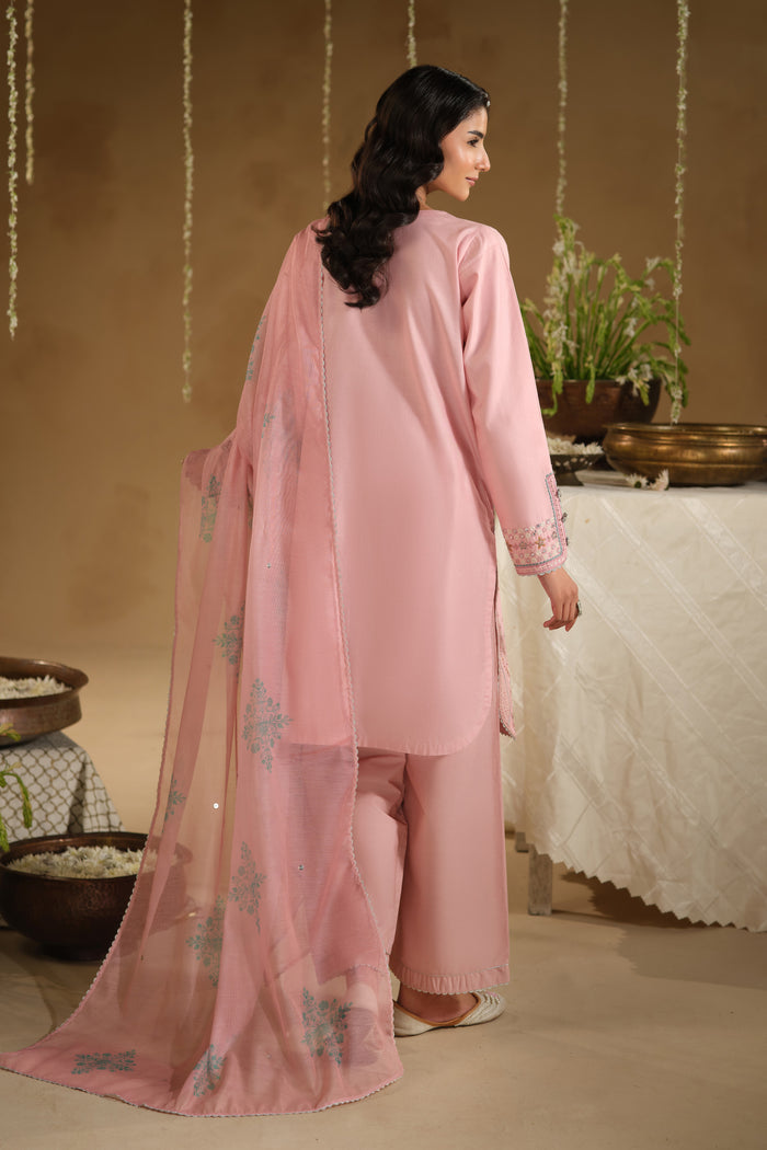 Back drape of Dana 3 piece dress showing flowing printed cotton net dupatta and clean shirt fall