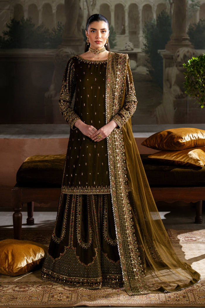 NAQSHI Danara rich mehndi velvet 3-piece ready-to-wear sharara set with detailed embroidery and matching dupatta for special occasions