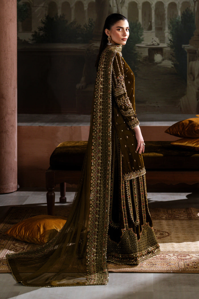 Side view of Danara velvet sharara outfit in deep mehndi color showing full length embroidery and flare — NAQSHI formal ready-to-wear dress