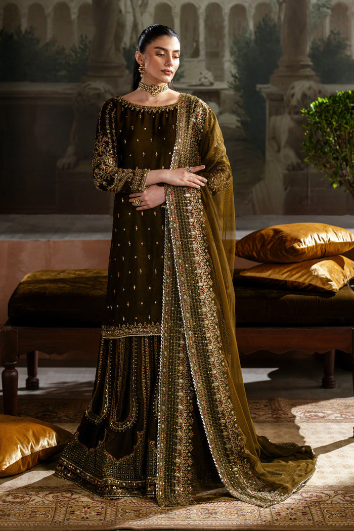 Front view of NAQSHI Danara velvet sharara set with rich embroidery and net dupatta — ideal mehndi and celebration outfit