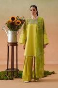 Deniz lime 3-piece ready-to-wear outfit with embroidered lawn shirt, cambric shalwar, and printed crinkle chiffon dupatta.