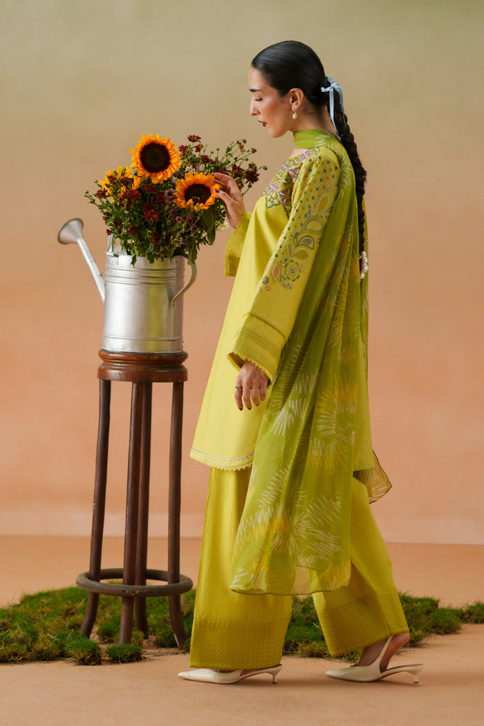 Side view of Deniz lime embroidered lawn outfit with printed crinkle chiffon dupatta and cambric shalwar for festive casual wear.