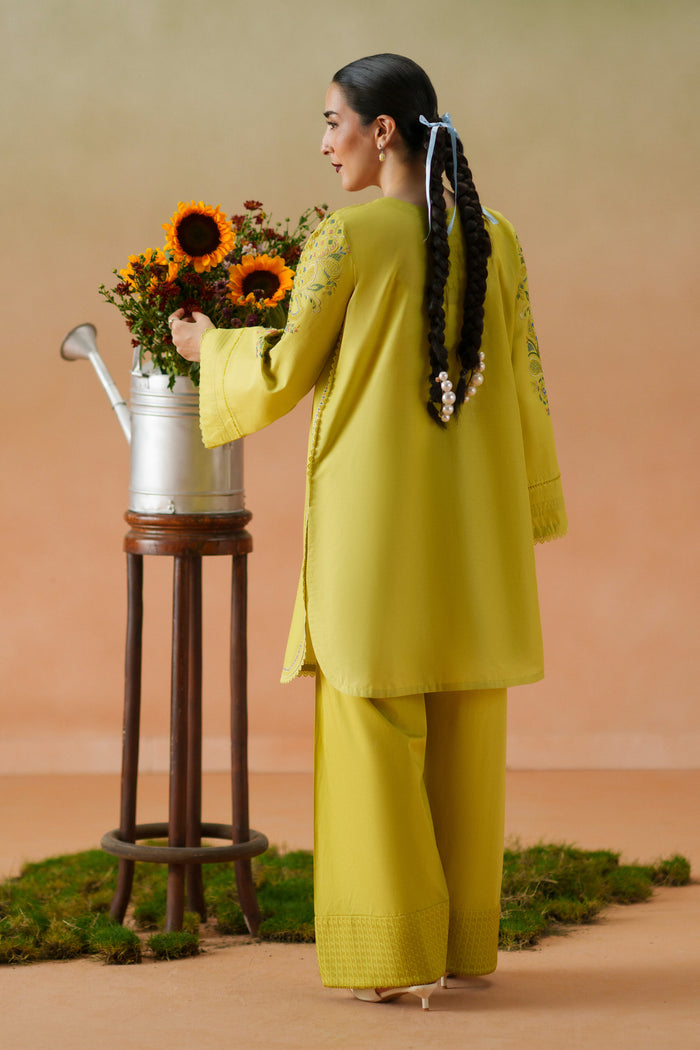 Back view of Deniz lime ready-to-wear dress showing long lawn shirt, relaxed shalwar, and printed chiffon dupatta.