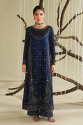 Royal blue embroidered formal long shirt with culotte and dupatta, full front view, elegant ready-to-wear outfit for weddings and formal events.