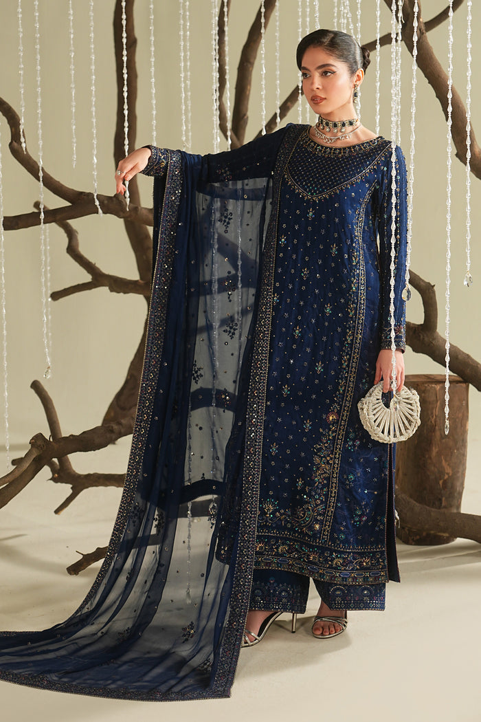 Royal blue formal 3 piece outfit with embroidered long shirt, PK raw silk culotte, and embellished dupatta, complete event wear look
