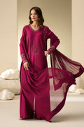 Easten Shocking Pink 3-piece Cotton Sateen casual outfit with embroidered shirt, wide culotte and Crinkle dupatta.