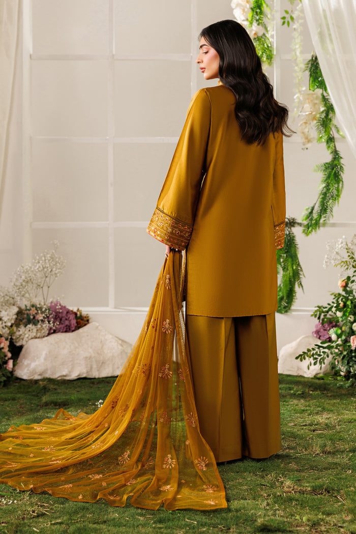Back standing view of NAQSHI Eda outfit showing straight shirt fall, loose sleeves, and flowing net dupatta