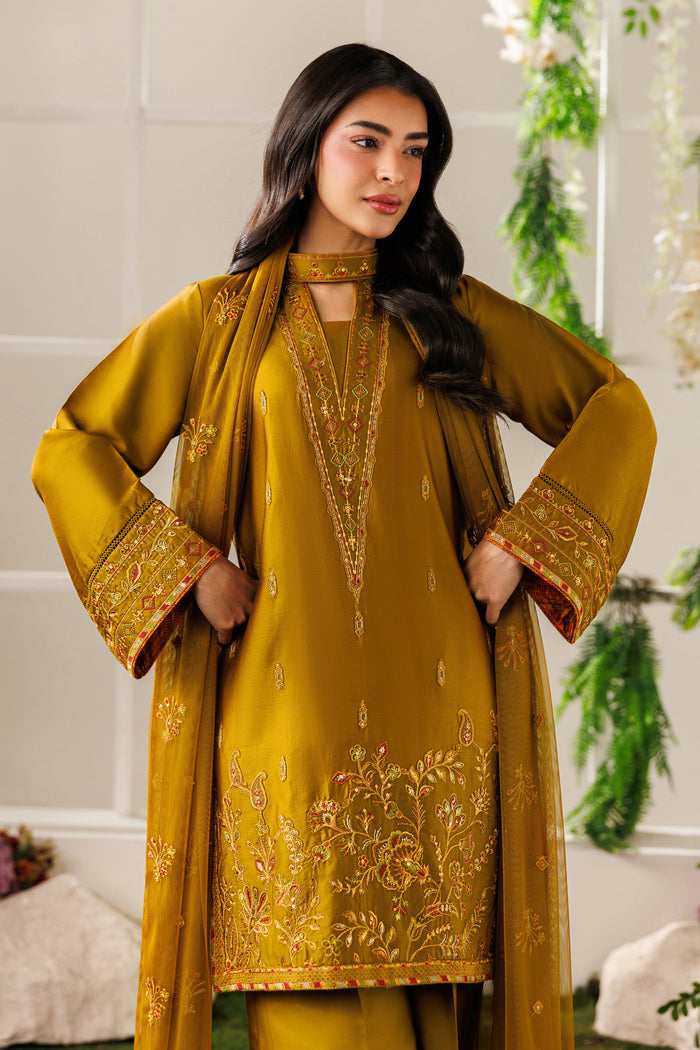Front close-up view of NAQSHI Eda outfit showing embroidered neckline, sleeve borders, and smooth cotton satin finish