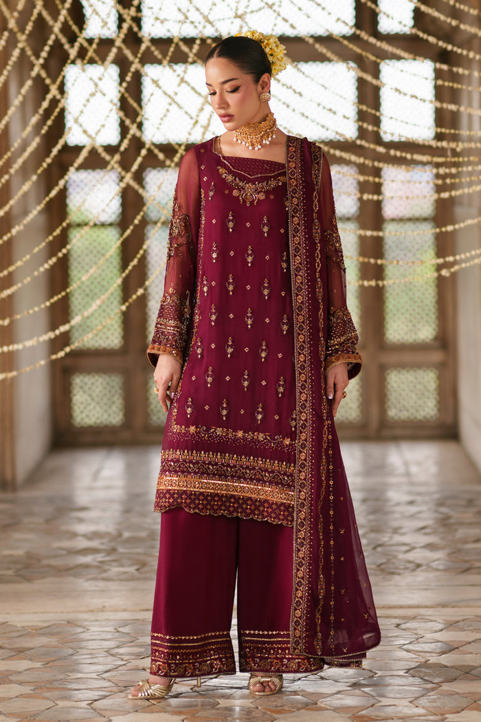 Ehaad plum semi formal dress in crinkle fabric with embellished neckline, PK raw silk culottes and matching crinkle dupatta