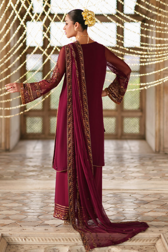 Three piece plum crinkle suit with straight shirt, embellished culotte trousers and coordinated dupatta for festive occasions