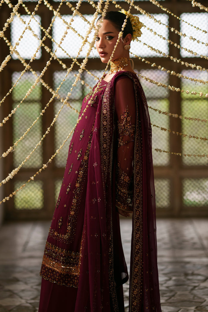 Back view of Ehaad plum semi formal outfit showcasing flowing crinkle dupatta, elegant silhouette and detailed border accents