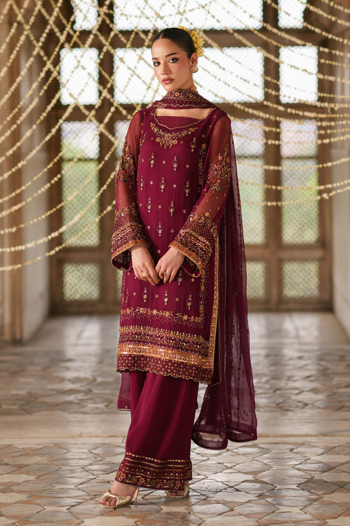 Ehaad ready to wear plum semi formal suit with embellished long shirt, PK raw silk culottes and festive occasion wear design