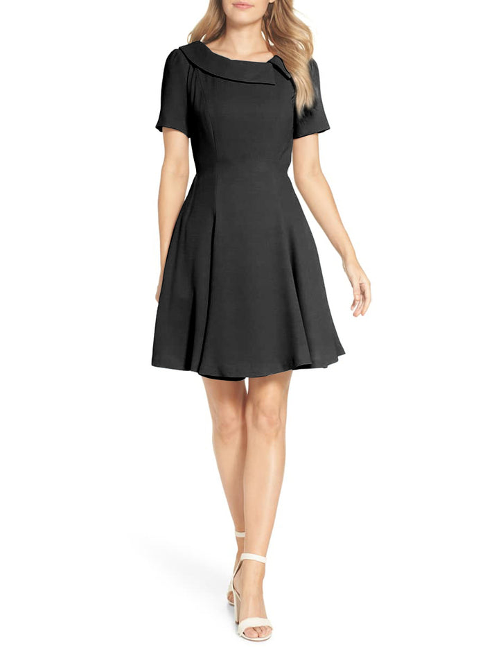 Elegant Lapel Short Sleeve Solid Color Midi Dress