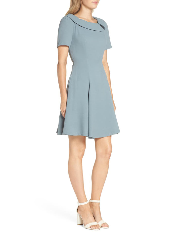Elegant Lapel Short Sleeve Solid Color Midi Dress