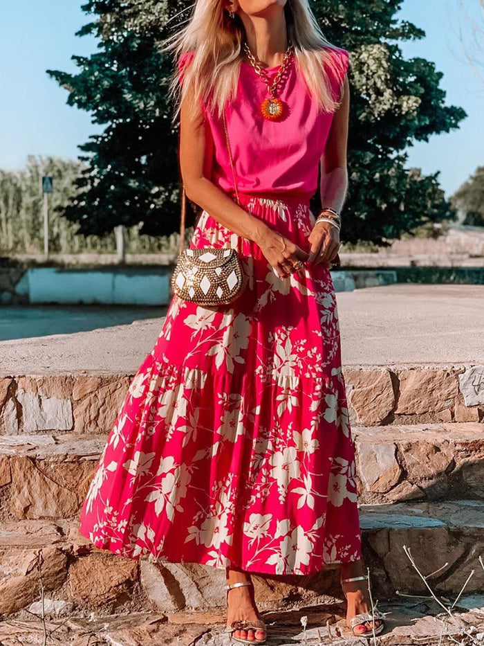 Elegant Loose Top Floral Skirt Suit