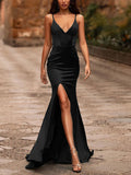 Elegant Silk High-fork V-neck Evening Dress
