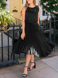 Elegant Sleeveless Round Neck Accordion Midi Dress