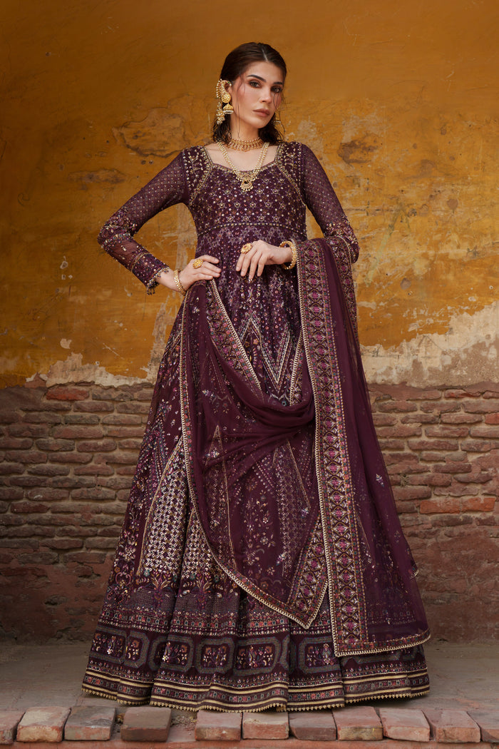 Emma plum Crinkle evening maxi front view with fitted bodice and wide embroidered nine-panel flare.