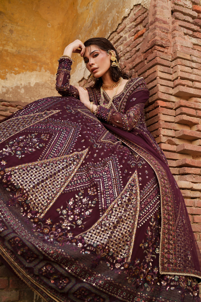 Emma plum evening outfit seated pose with Net dupatta and richly detailed Crinkle maxi.