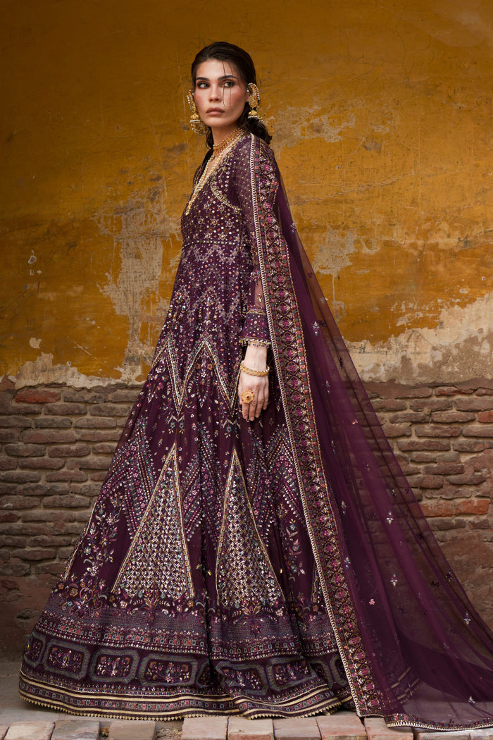 Emma plum Crinkle maxi full-length front view with embroidered bodice and wide flowing silhouette.