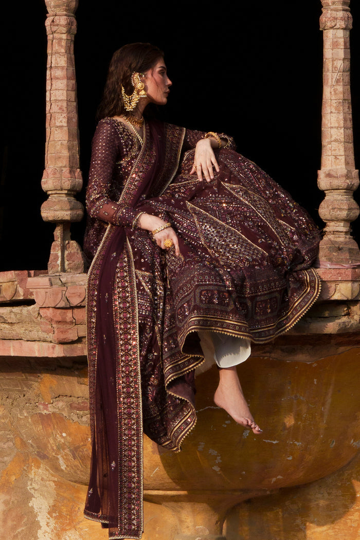 Emma plum formal outfit seated view showing embroidered maxi and Net dupatta detailing.