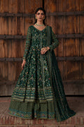 Etta deep green Crinkle evening maxi front view with V-neck adda work and wide embroidered flare.