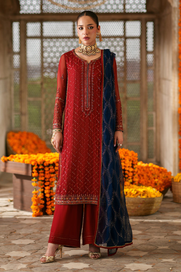 Faheel red and dark blue semi formal dress in crinkle fabric with embellished long shirt, PK raw silk culotte trousers and contrast dupatta