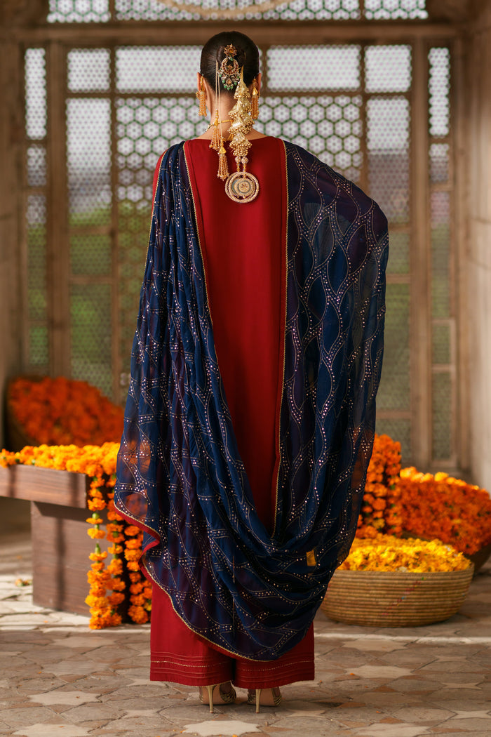 Back view of Faheel semi formal outfit showcasing dark blue crinkle dupatta, elegant drape and refined Eastern wear styling