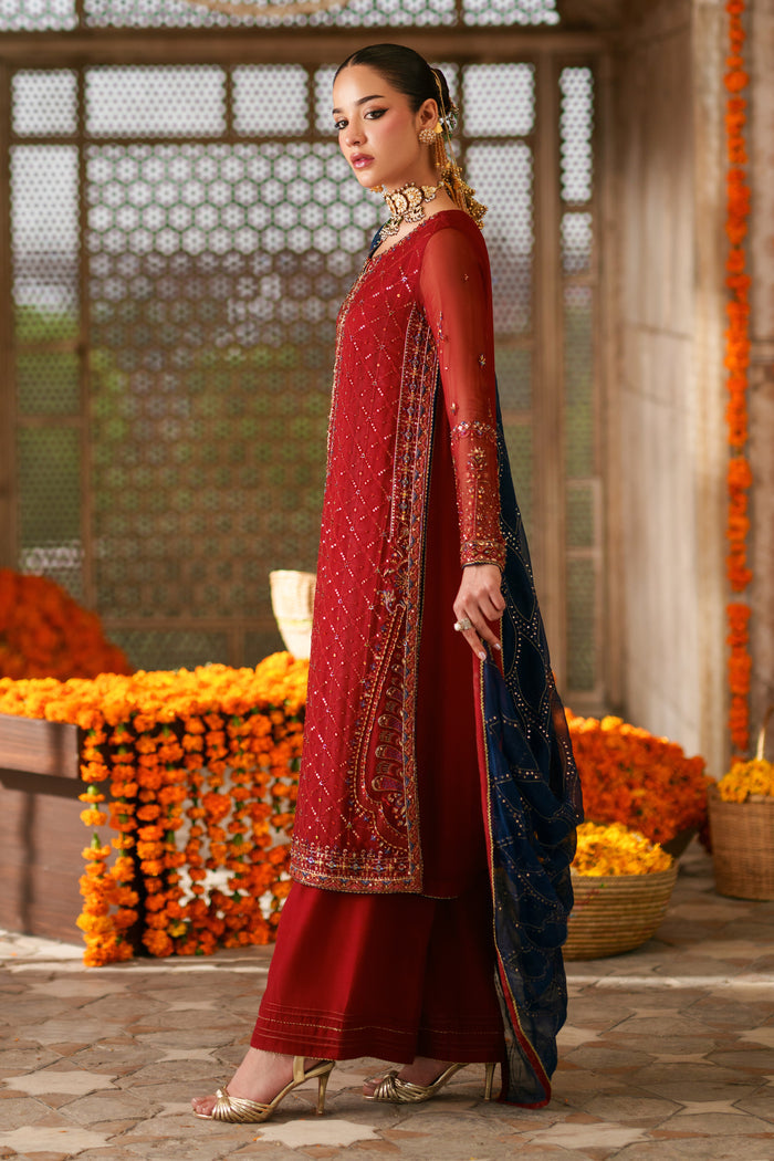 Three piece red and dark blue crinkle suit with embellished shirt, PK raw silk culotte trousers and occasion wear design