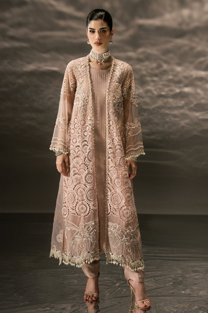 Farfalle light peach 3-piece evening wear with embroidered Organza long gown, PK Raw Silk inner and straight trousers in a full front view.