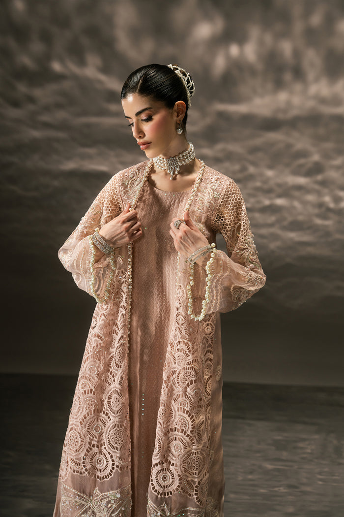Farfalle light peach Organza gown in three-quarter view showing the embroidered front, loose sleeves and flowing layered silhouette.