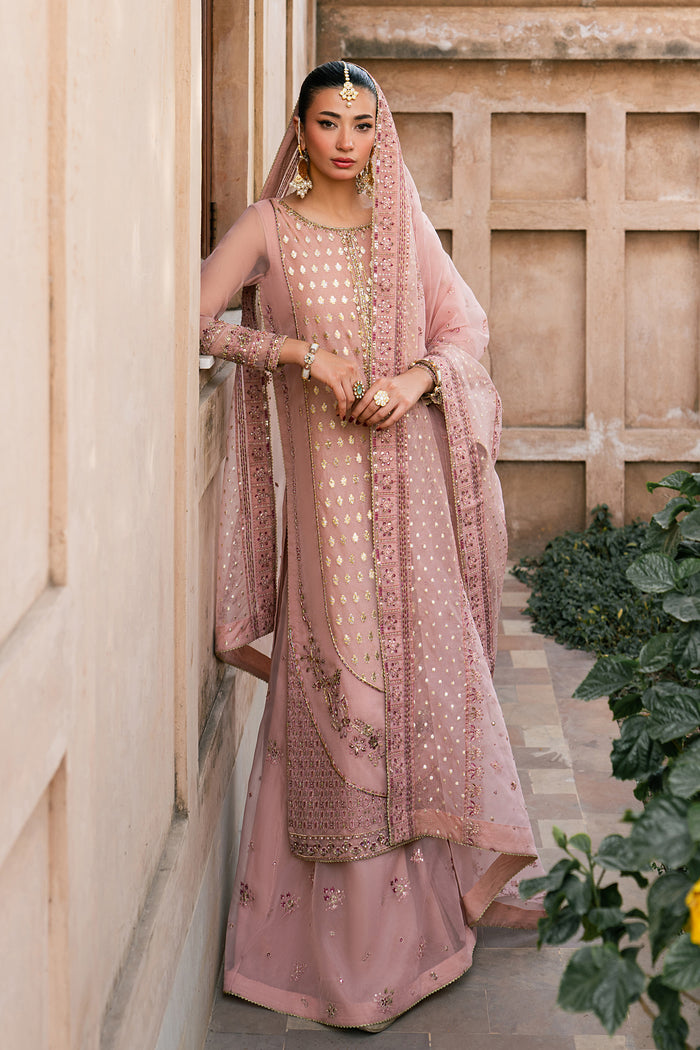 Faris peach semi formal dress with embroidered organza shirt, flared trousers and organza brochia dupatta for festive events