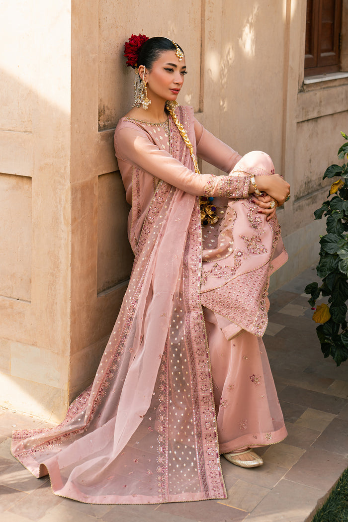 Faris peach luxury pret outfit with embroidered organza shirt, flared trousers and embellished organza brochia dupatta