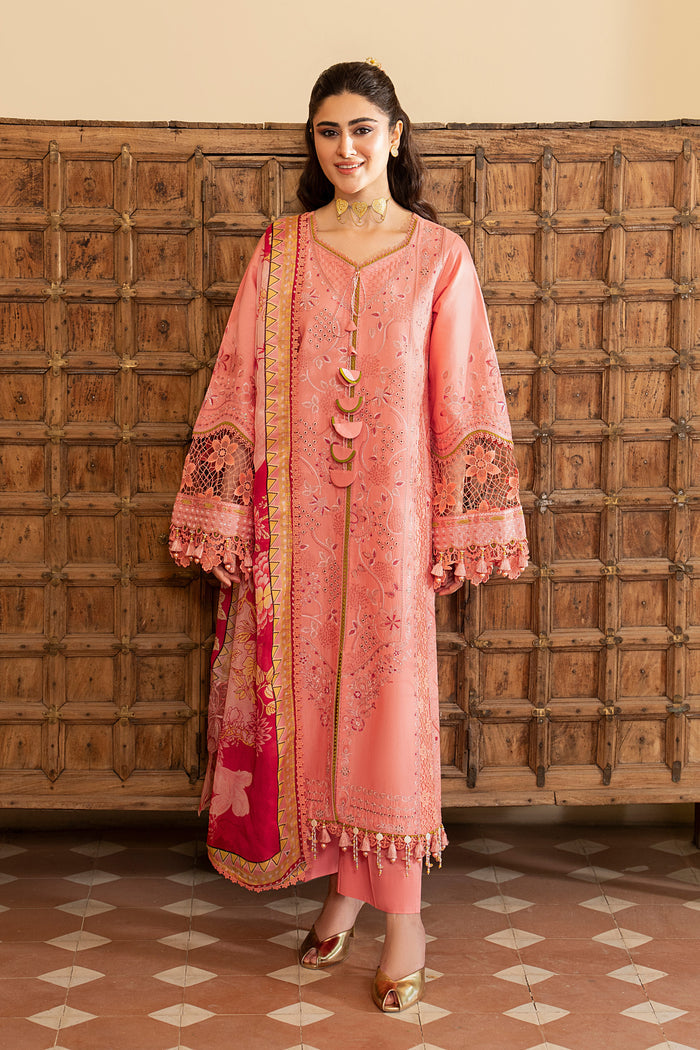 NAQSHI Farnood peach embroidered lawn 3-piece casual outfit with straight cambric trousers and tissue silk digital printed dupatta from Seran Cambric Casual collection