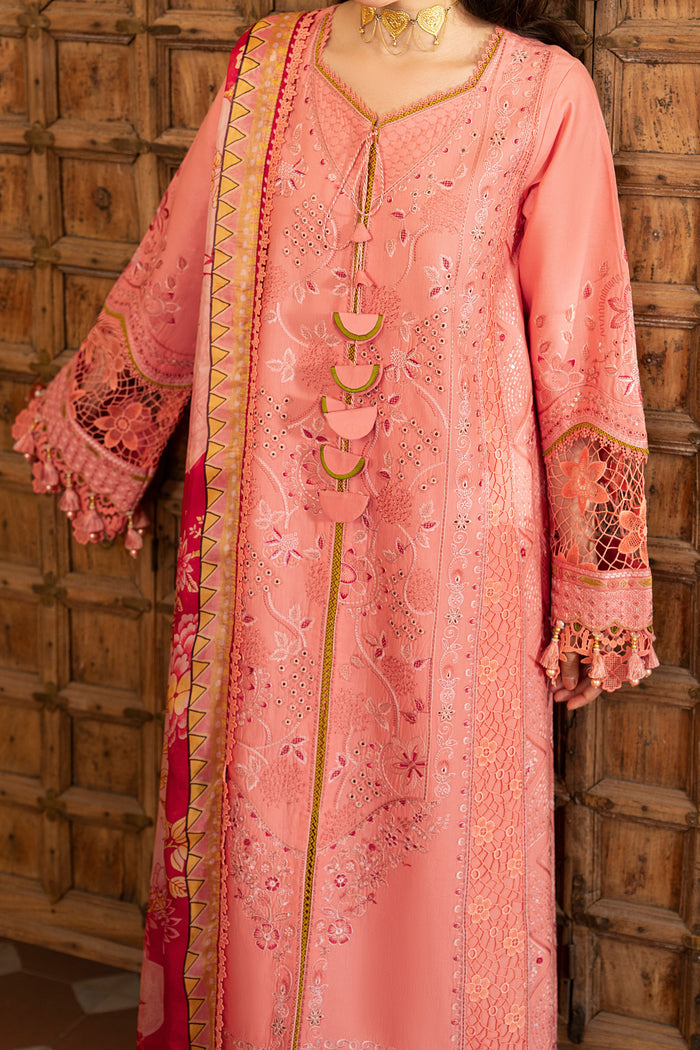 Close-up of Farnood peach embroidered lawn shirt showcasing V-neckline, detailed embroidery, lace accents and tassel embellishments