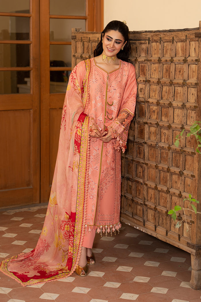 Full-length view of Farnood peach 3-piece embroidered outfit highlighting flowing silhouette, detailed sleeves and tissue silk printed dupatta