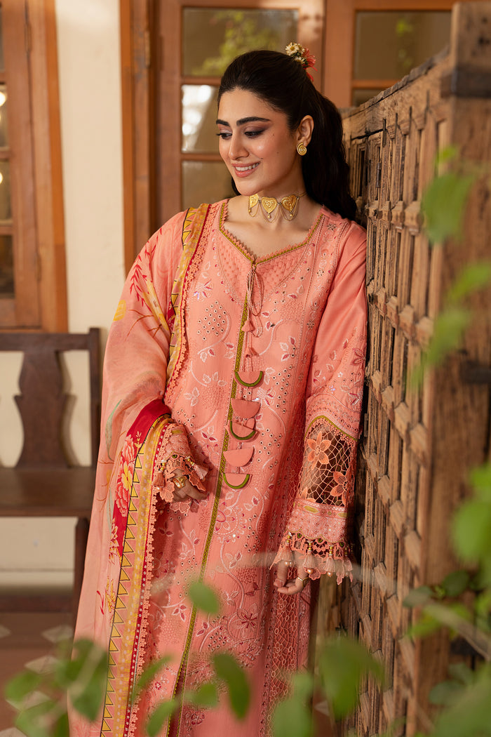 NAQSHI Farnood peach embroidered lawn dress with chiffon jaal work, contrast lace detailing and straight cambric trousers for summer occasions