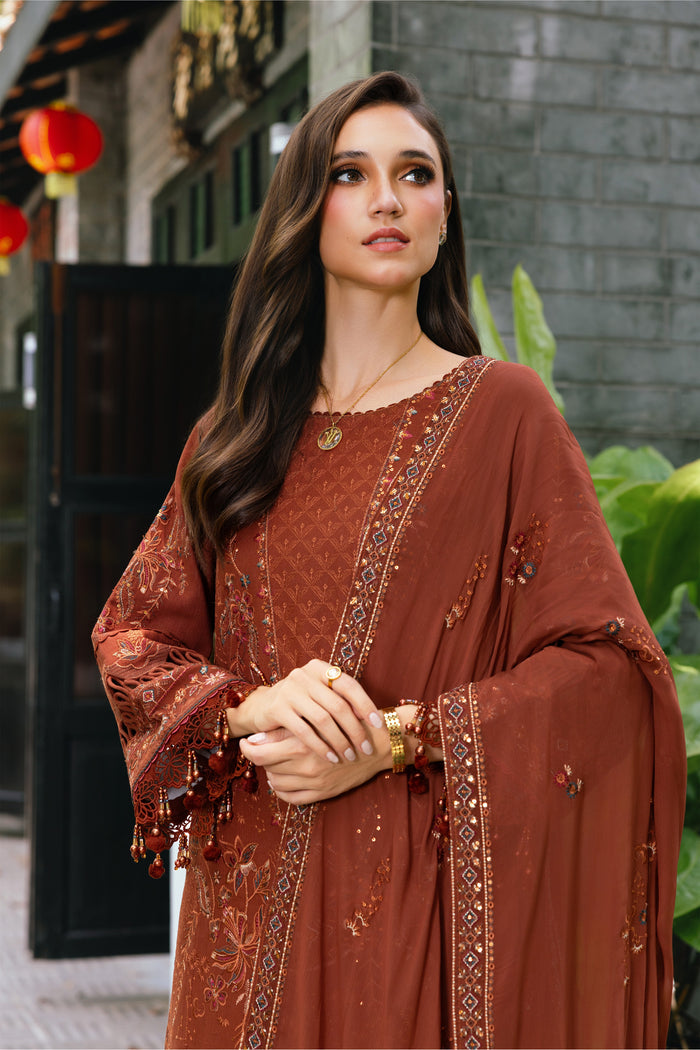 Portrait view of NAQSHI Farukh rust brown embroidered shirt with simple neckline and matching dupatta for formal styling