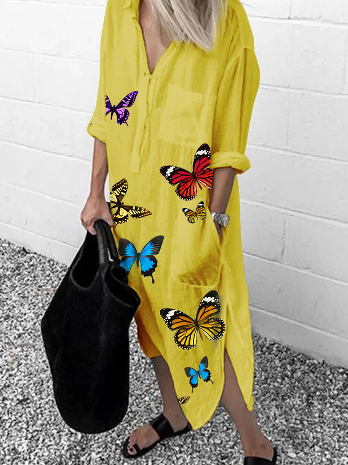Fashion Butterfly Print Long Sleeve Split Dress