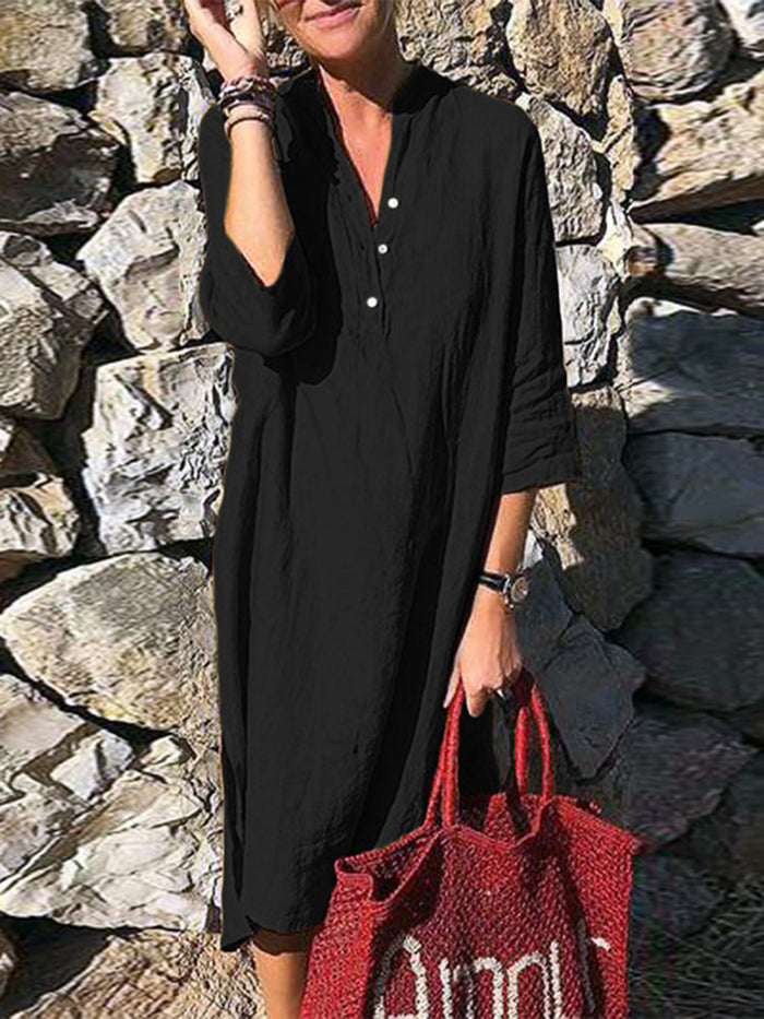 Fashion Button-down Neckline Solid Color Casual Dress