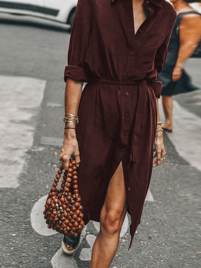 Fashion Button Lapel Solid Color Dress