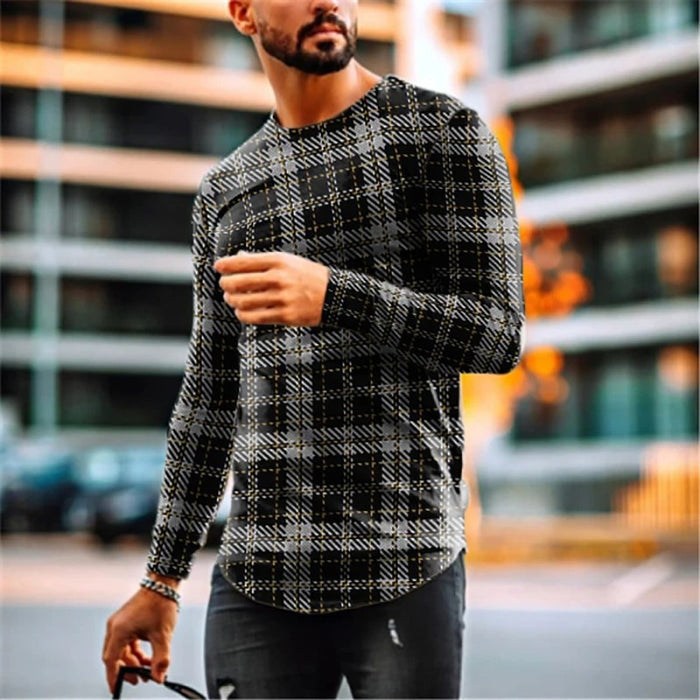Fashion Casual Check Long Sleeve Men'S T-Shirt