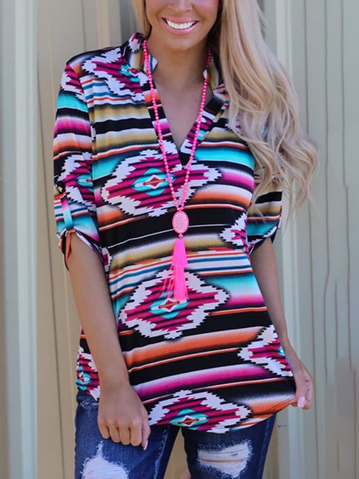 Fashion Casual Irregular Printed V-neck T-shirt