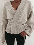 Fashion Casual Solid Color V-neck Rope Sweater