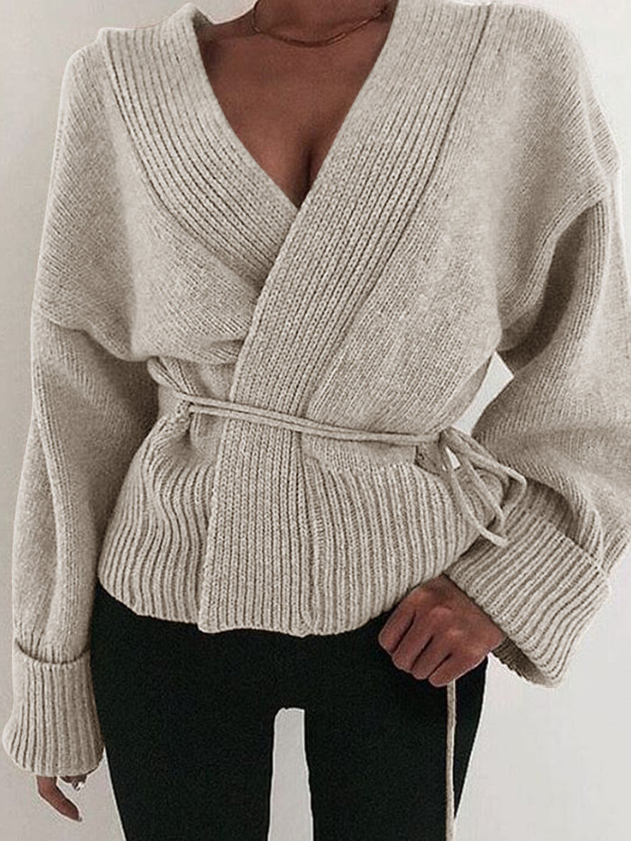 Fashion Casual Solid Color V-neck Rope Sweater